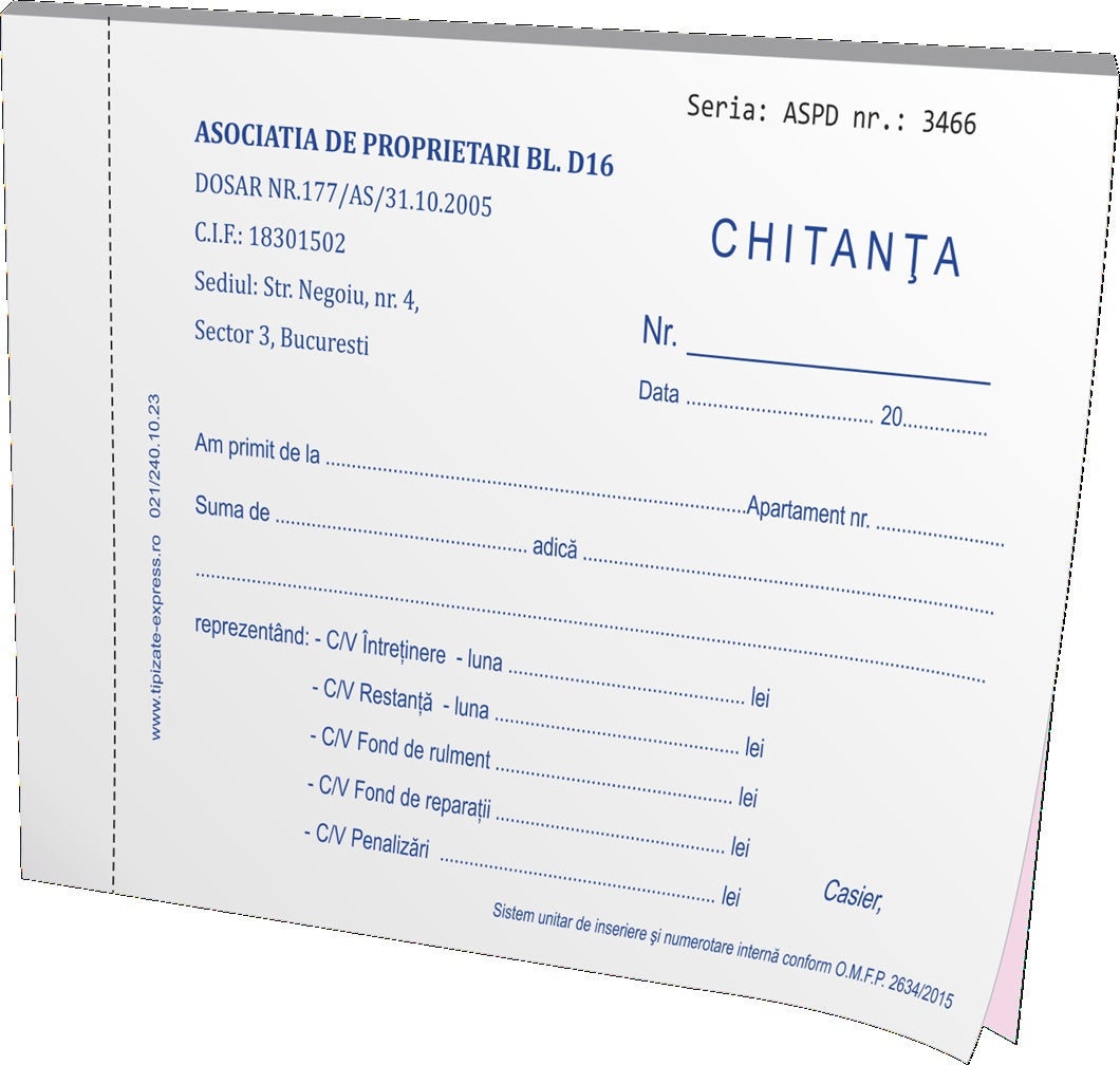 Chitanțier A6 – model 3/asociații proprietari – carnete a 100 de file (50 de file x 2 seturi)