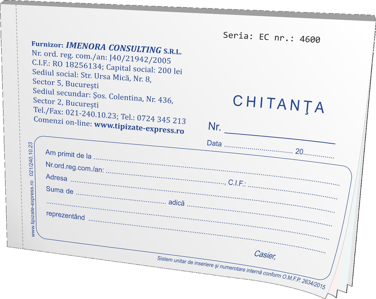 Carnet chitanțier A6 – cod 14-4-1 – carnete cu 100 de file (50 file x 2 seturi)