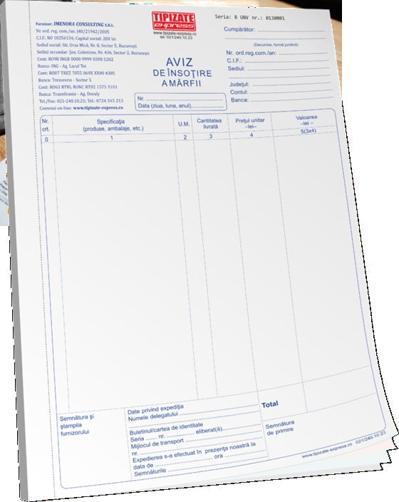 Aviz de însoțire a mărfii A4 – cod 14-3-6/A – bloc a 150 de file (50 file x 3 seturi)